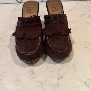 Lei Chocolate Brown Suede Mules with Fringe